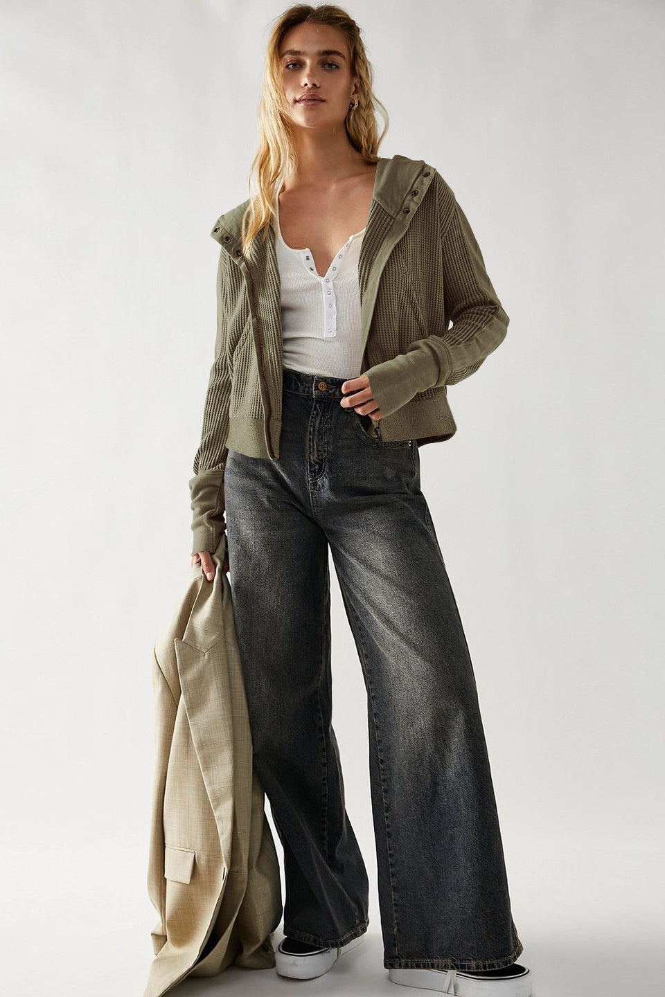 Waffle Texture Zip Front Cropped Hoodie