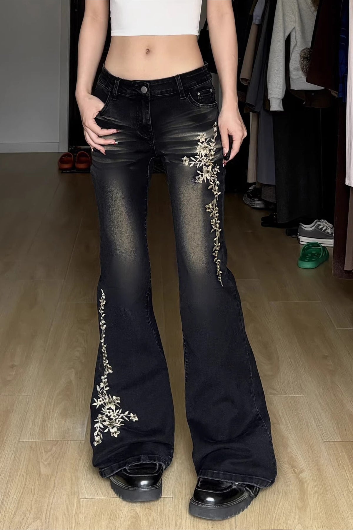 Floral Embroidered Low Rise Flare Leg Jeans