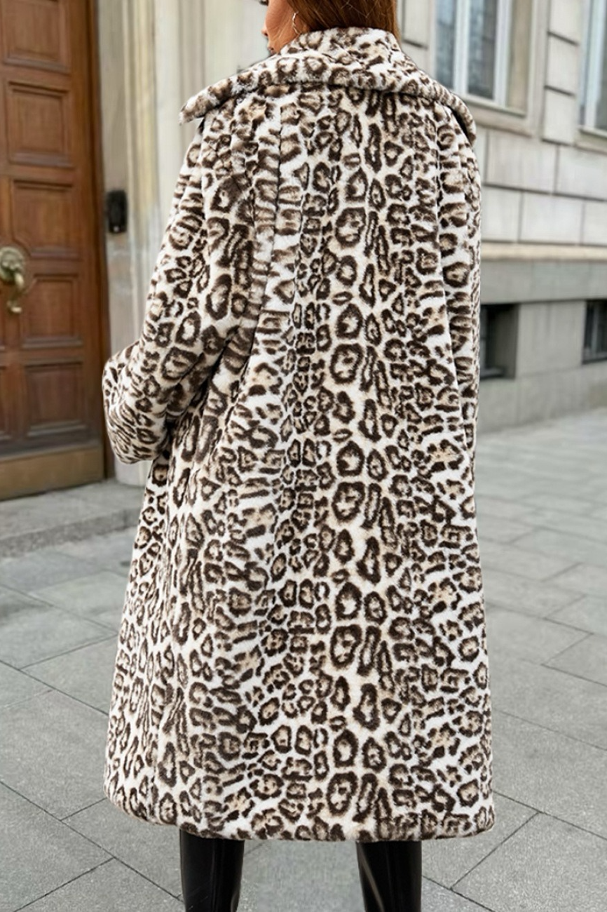 Leopard Faux Fur Knee Length Thick Plush Overcoat - Fashionpara
