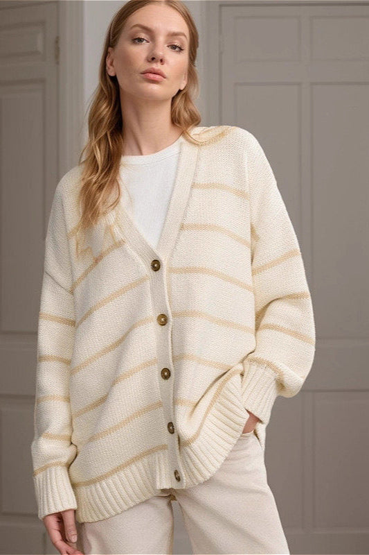 Striped V Neck Knit Cardigan in Soft Cotton for Comfort