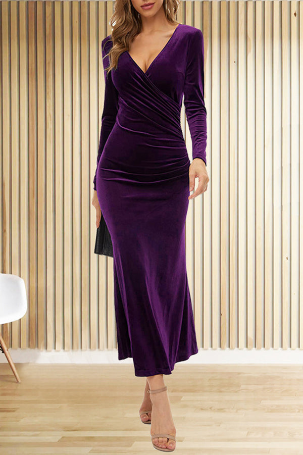 Solid Color Velvet Long Sleeve V-neck Slim Fit Fishtail Maxi Dress
