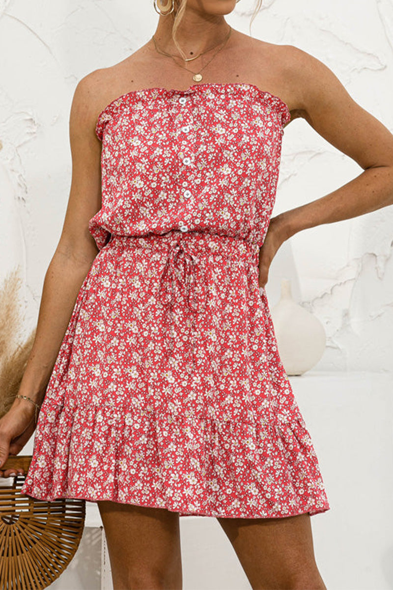 Floral Print Strapless Tie Waist Mini Dress - Fashionpara