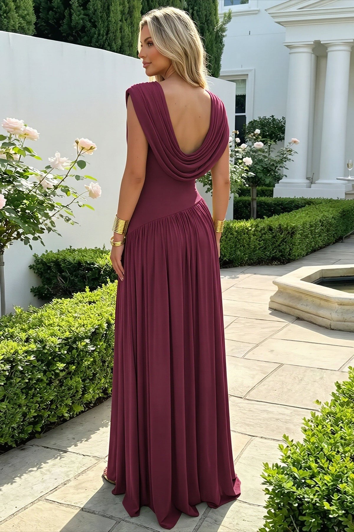 Draped Cowl Boat-Neck High-Slit Jersey Maxi Gown