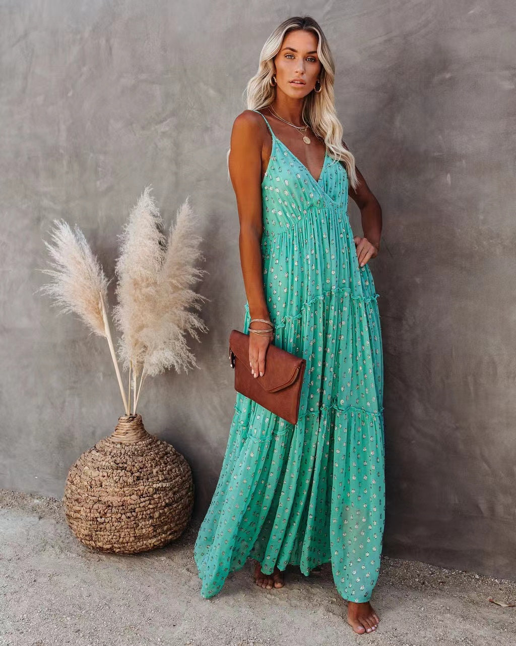 Dotted V-Neck Sleeveless Tiered Maxi Dress