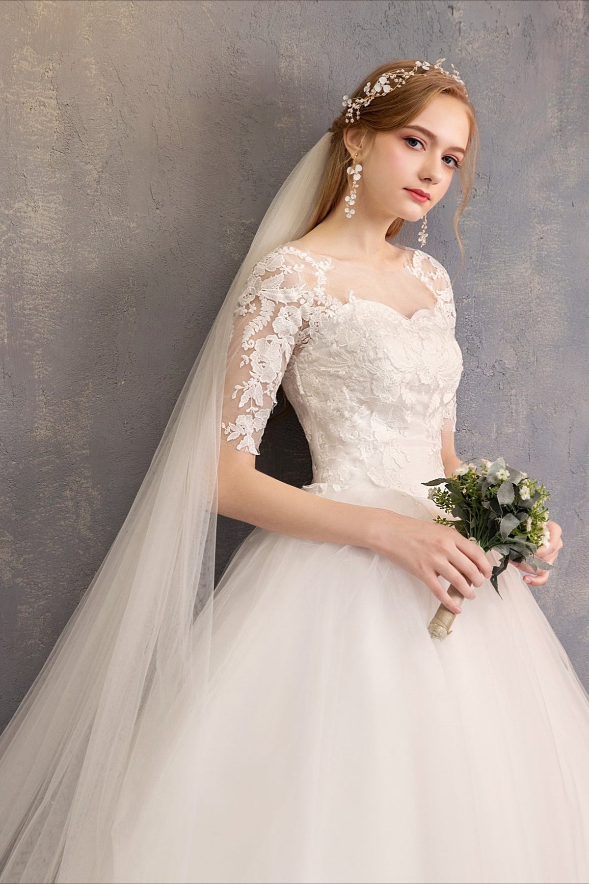Lace Illusion High Neck Three Quarter Sleeve Ball Gown Wedding Dress - View 2