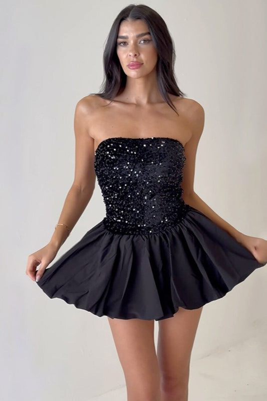 Sequin Strapless Midi Dress in Black