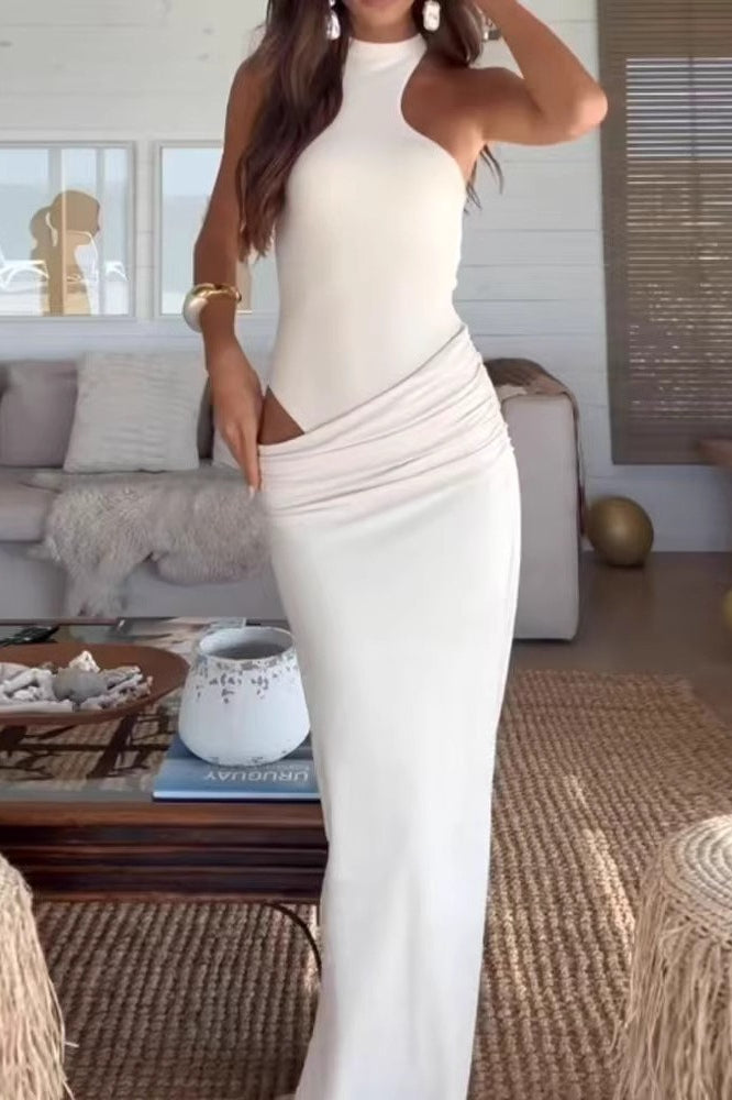 Ribbed Racer-Neck Top and Ruched Maxi Skirt Set