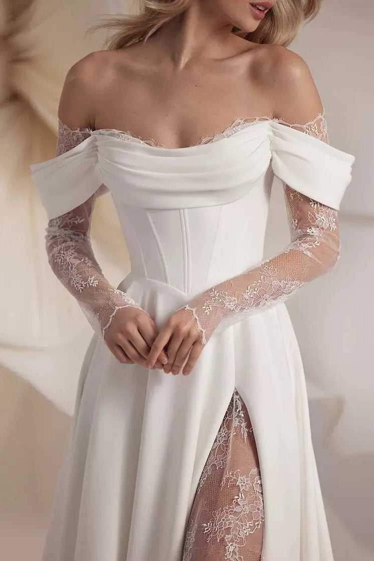 Off-Shoulder Long Sleeve Lace A-Line Wedding Gown