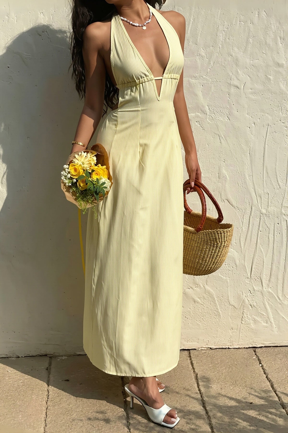 Pinstripe Satin Plunge Halter Neck Maxi Dress