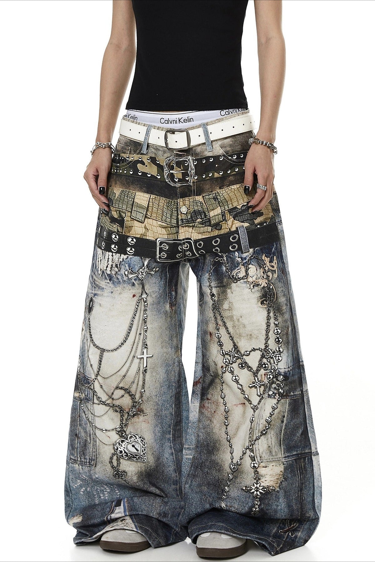 Double Waist Chain Print Wide Leg Jeans