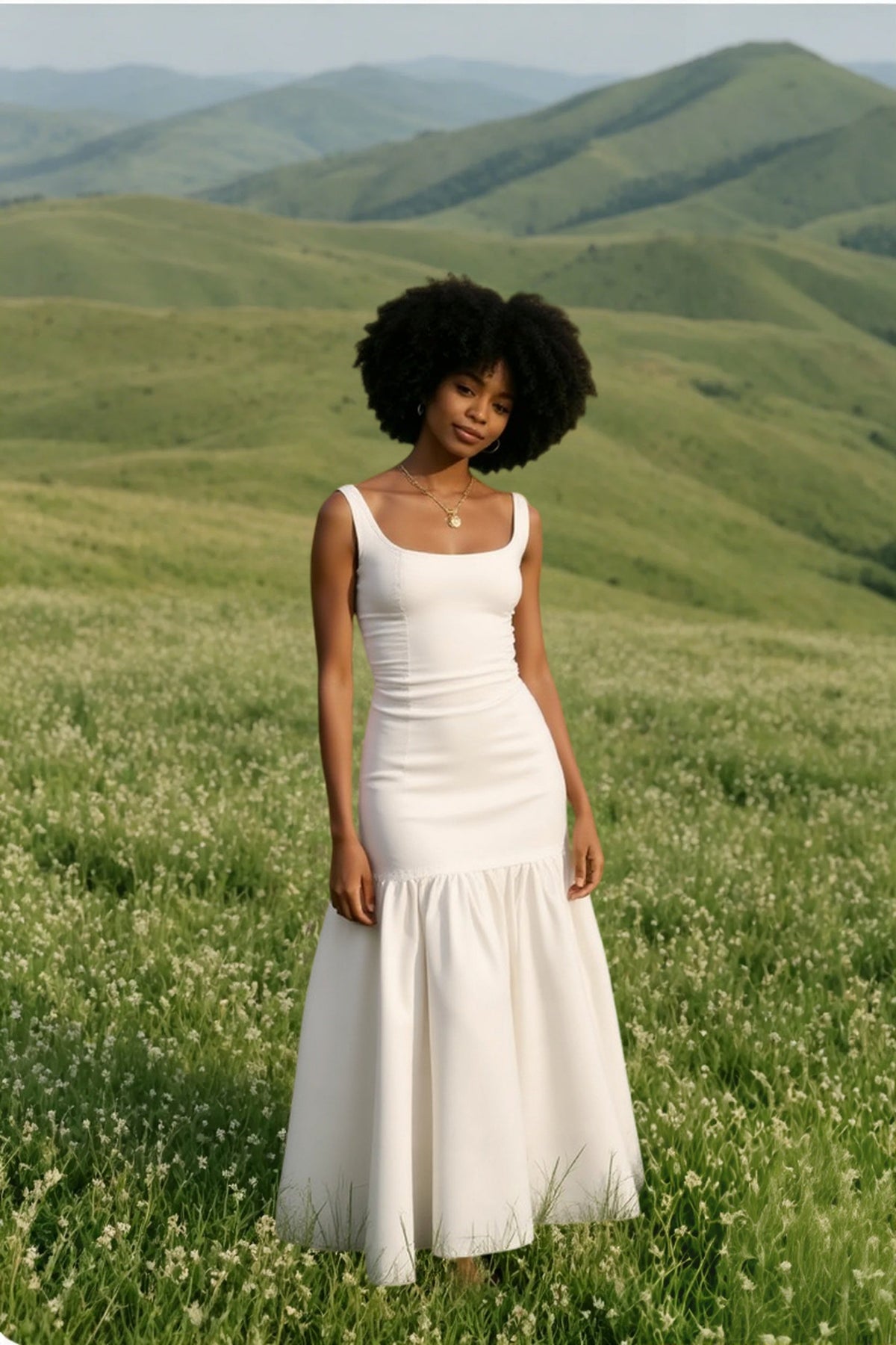 Square-Neck Sleeveless Drop-Waist Flared Midi Dress