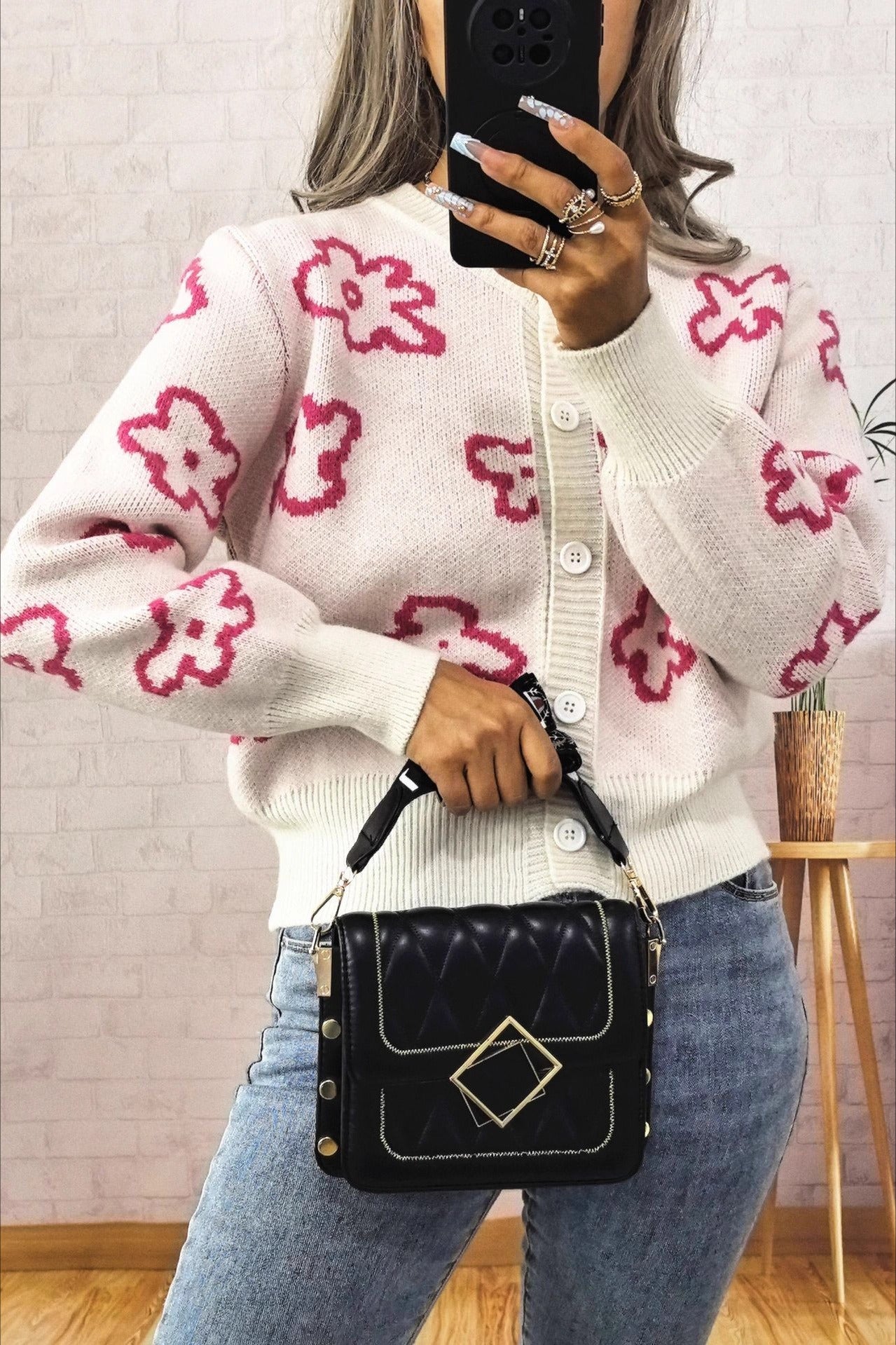 Floral Jacquard Knit Cardigan with Elegant Button Detail