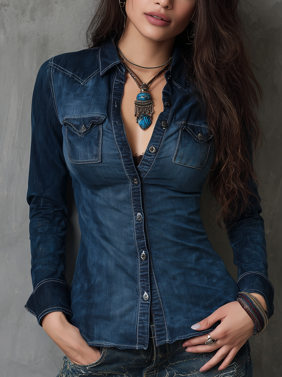 Retro Contrast Stitching Washed Long Sleeve Blouse - Fashionpara