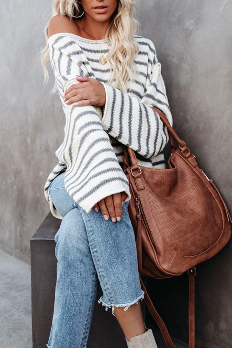 O Neck Striped Loose White Sweater  Fashionpara
