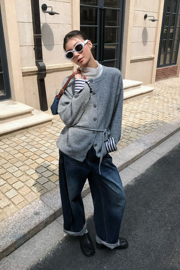 Color-Block Belted Knit Cardigan for Effortless Style