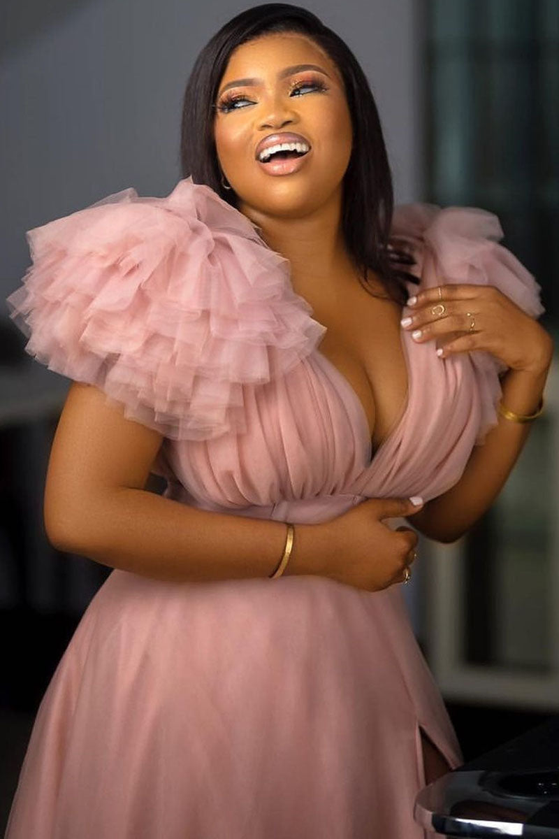 Plus Size Split Joint V Neck Tulle Ruffle Trailing Maxi Dress  Fashionpara