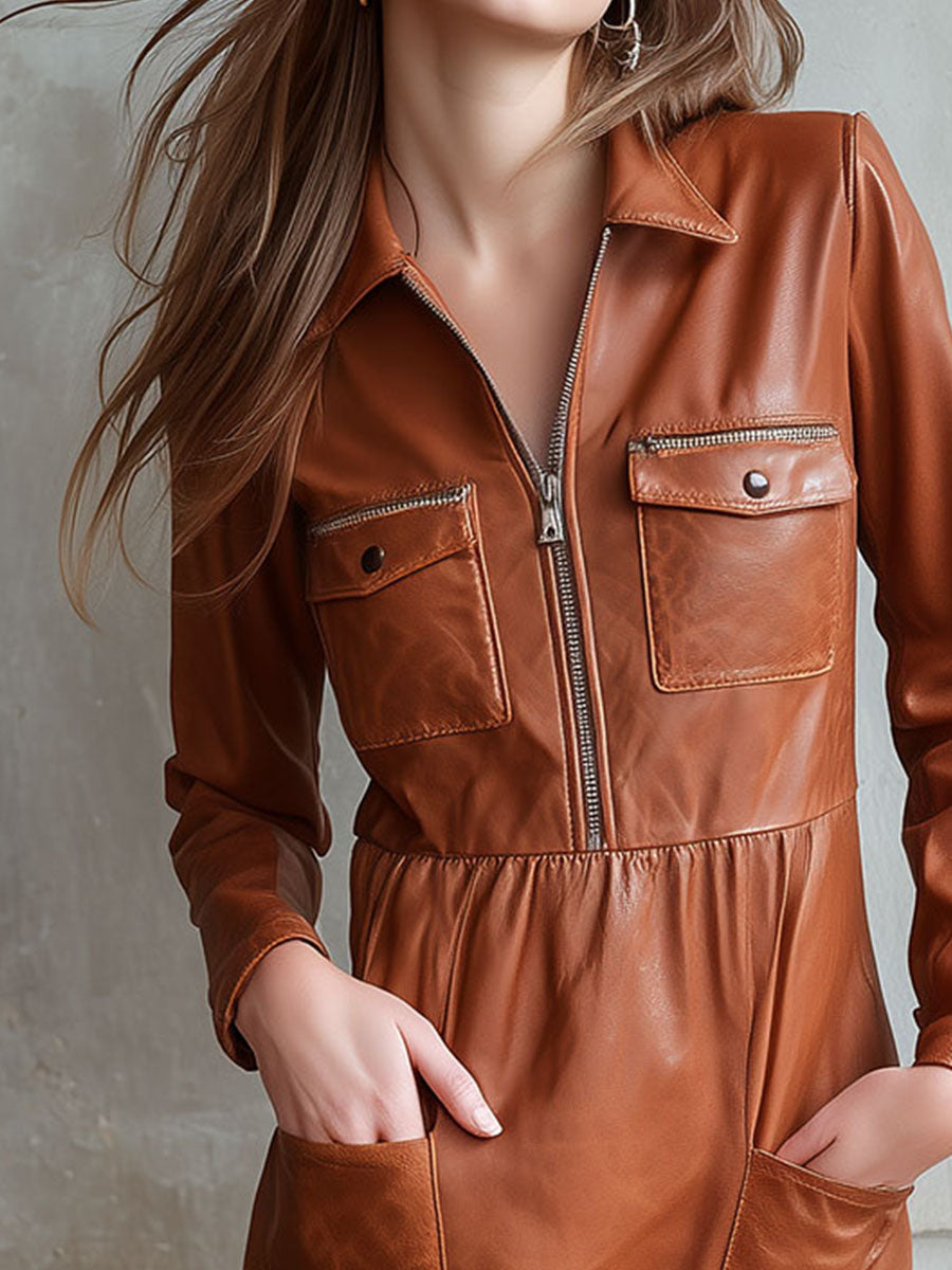 Vintage Brown Eco Leather Zip Front Shirt Dress With Pockets - Fashionpara