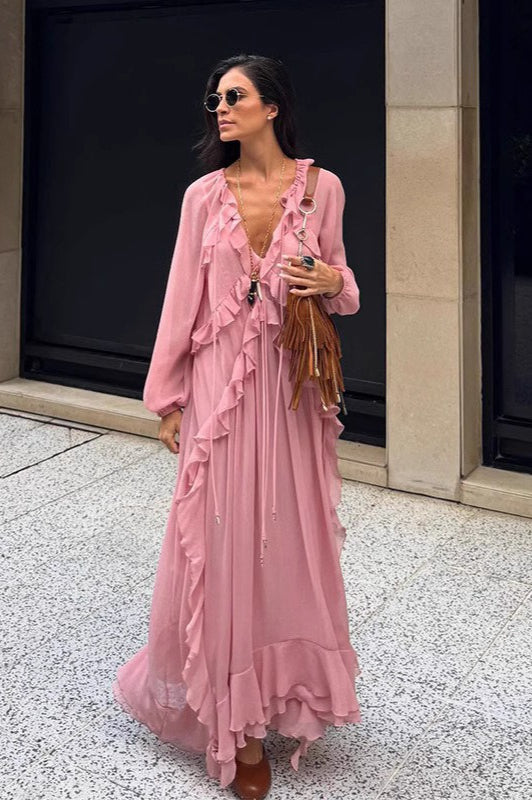 Ruffle Trim V-Neck Long Sleeve Chiffon Maxi Dress
