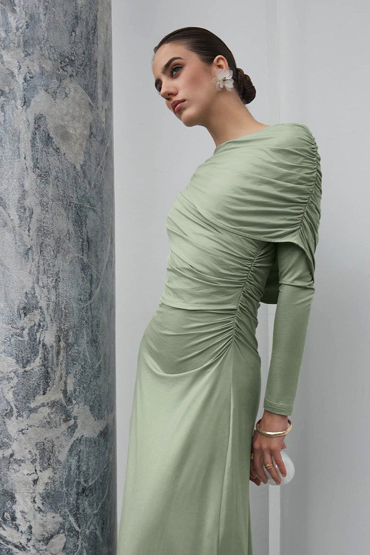 Asym Neck Knit Long Sleeve Maxi Dress