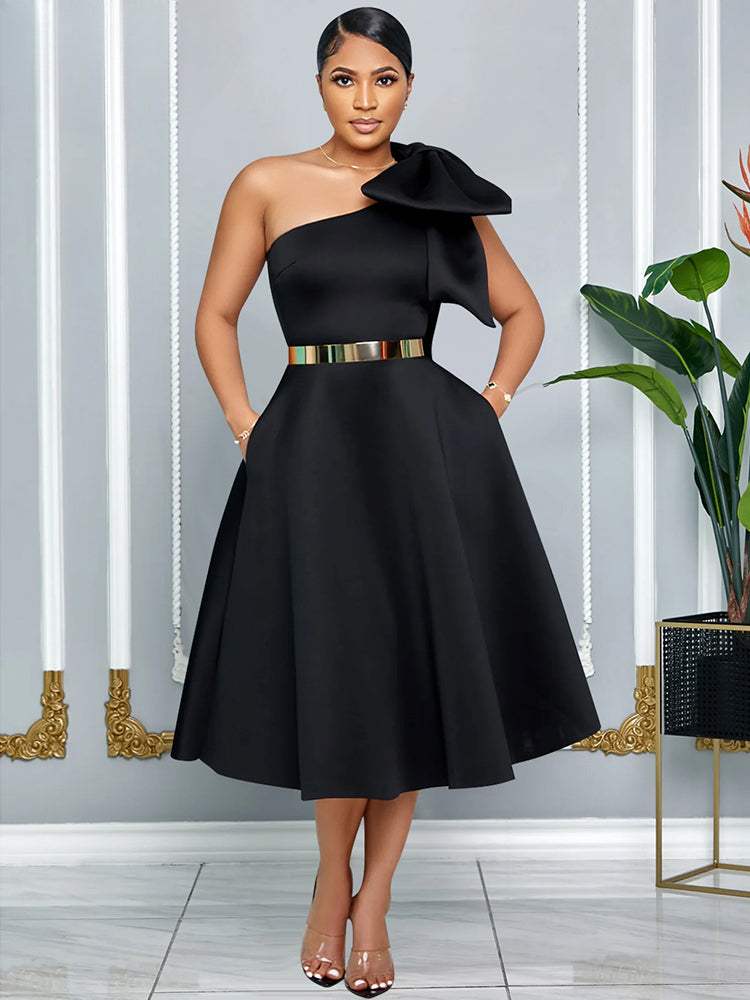 Red Christmas Party Dress with A Line Pleated One Shoulder Bow - Fashionpara