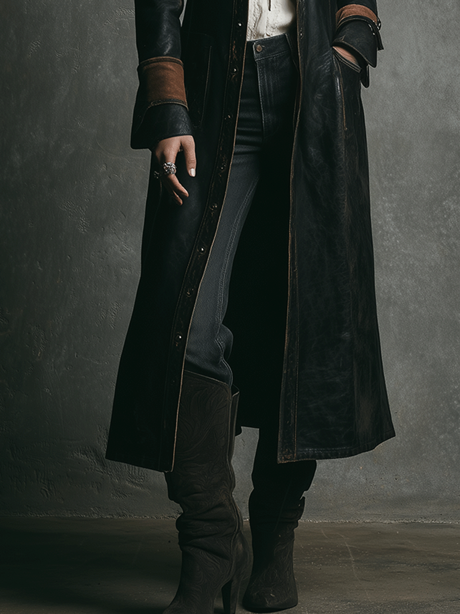 Vintage Brown Contrast Lapel Leather Trench Coat