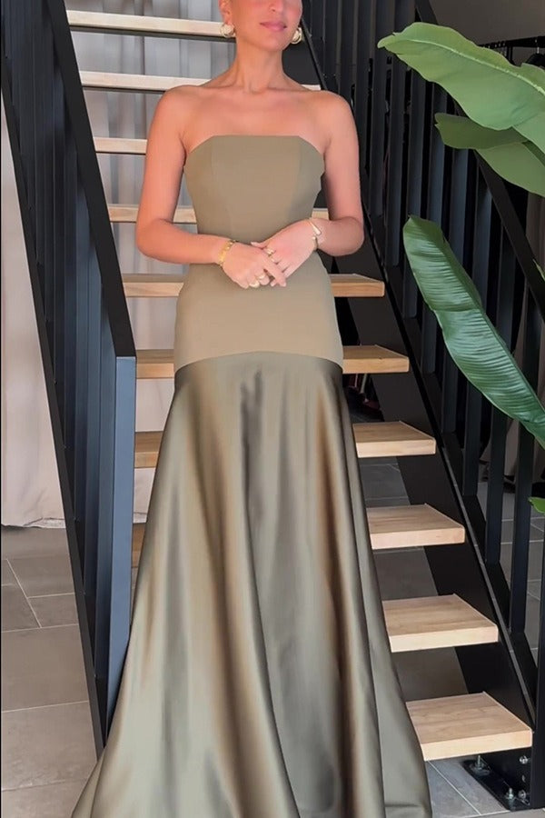 Strapless Satin Paneled A-Line Gown - View 3