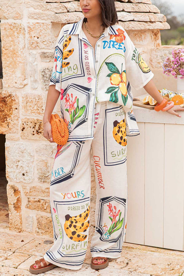 Summer Plant Fruit Print Casual Short Sleeve Shirt and Elastic Waist Loose Wide Leg Pants Set - Fashionpara