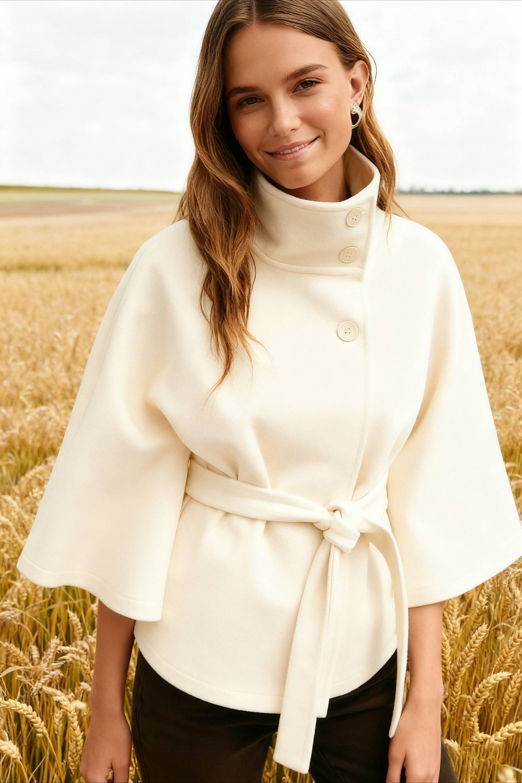 Button Up Stand Collar Cape Coat - Fashionpara