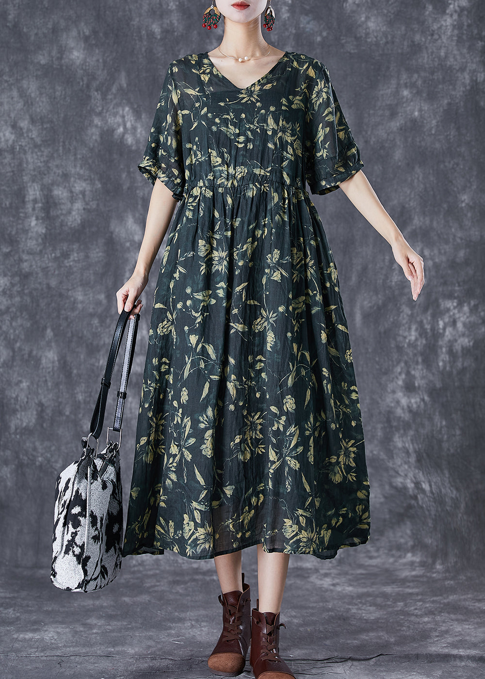 Botanical Print V-Neck Elbow Sleeve Gathered Waist Loose Midi Dress
