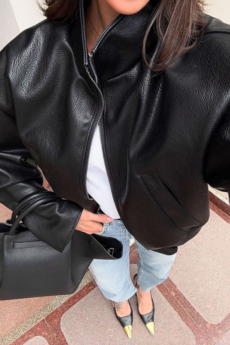 Cropped Stand Collar Faux Leather Jacket 4