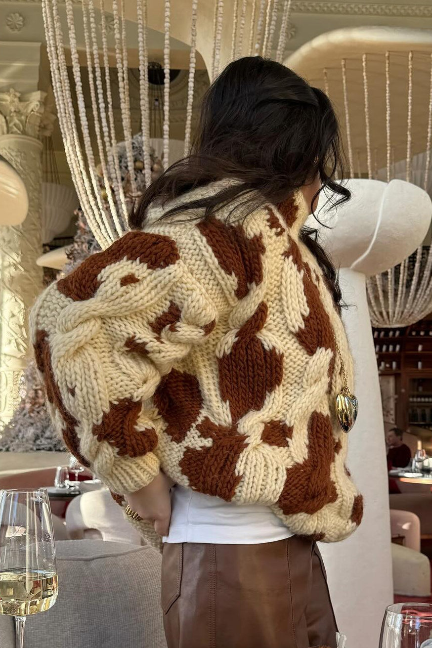 Cow Print Cable Knit Turtleneck Sweater for Stylish Comfort