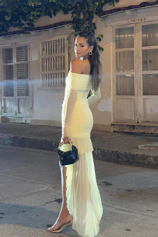 Fall New Slim-Fit Pleated Off-Shoulder  Party Dress