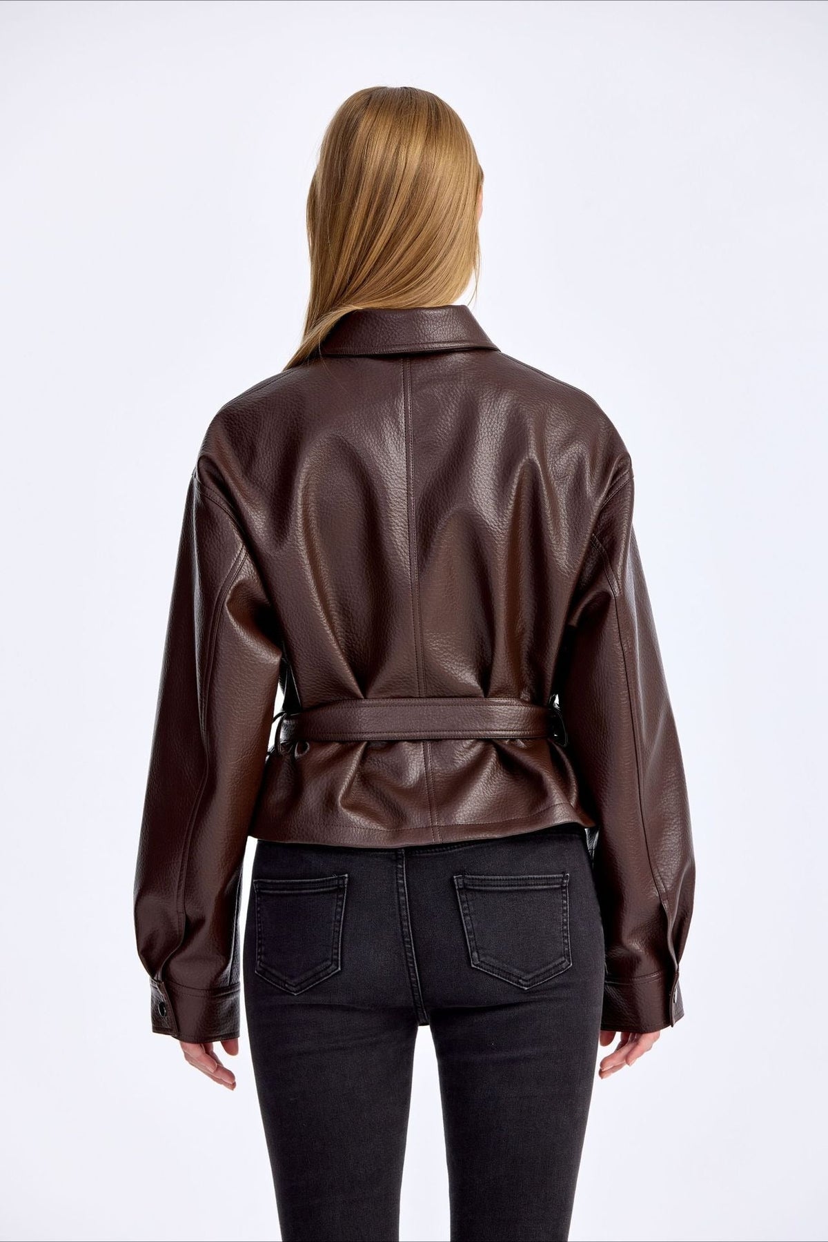 Cropped PU Notch Collar Jacket