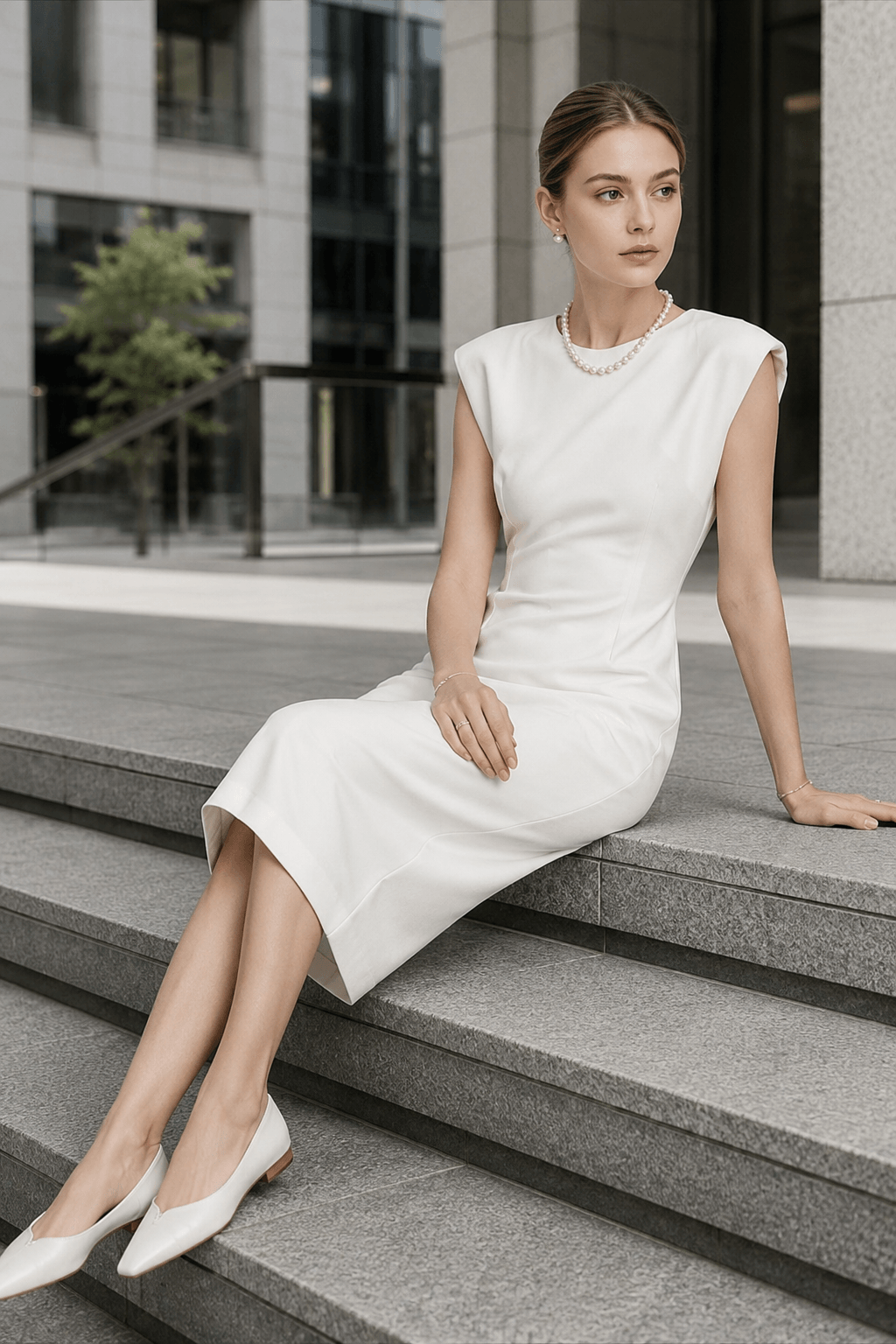 Crew Neck Sleeveless Shoulder Pad Sheath Midi Dress 4