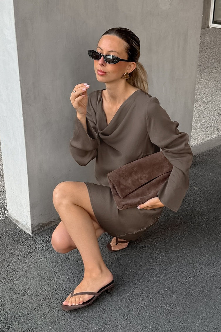 Vintage Satin Cowl Neck Long Sleeve Mini Dress