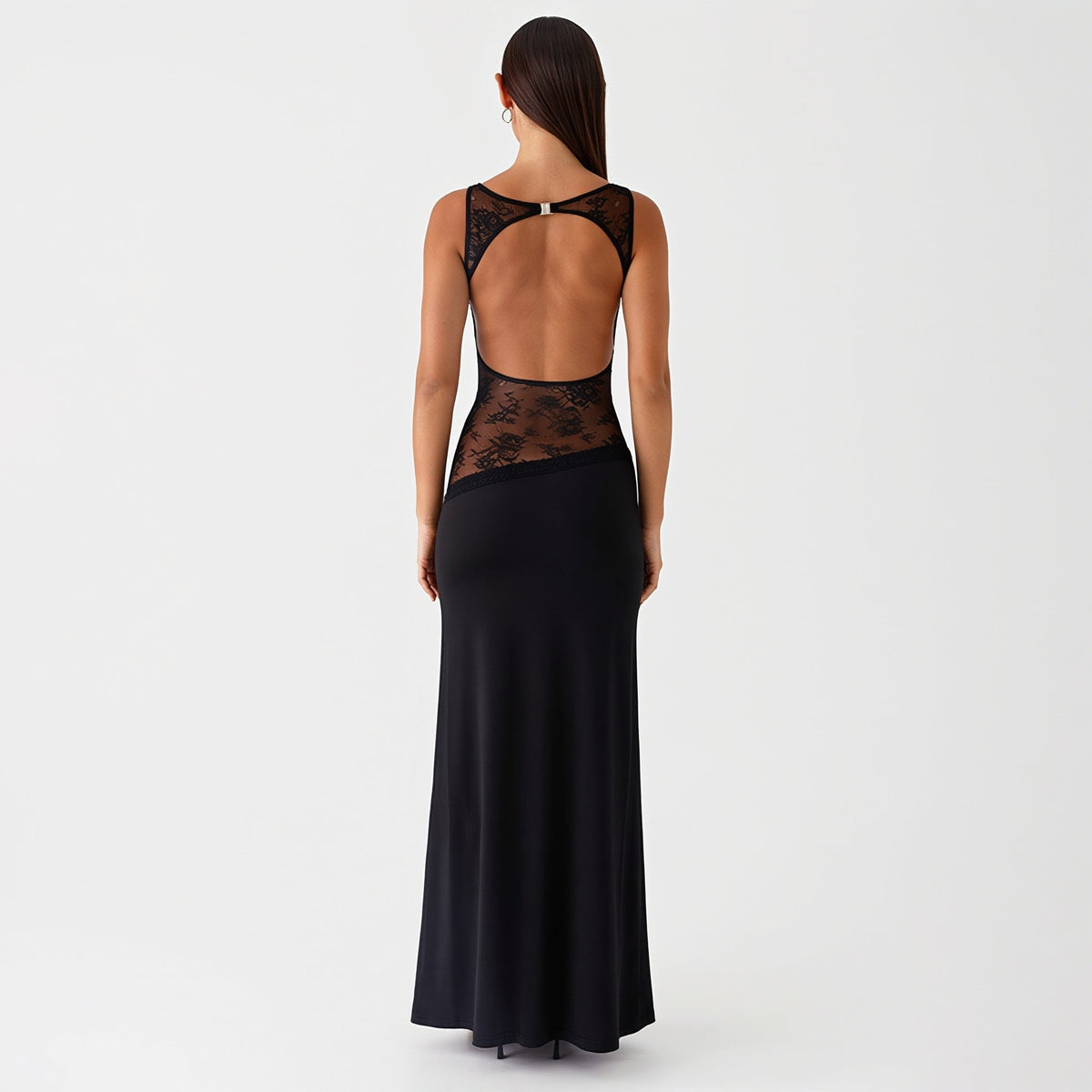 Lace-Panel High Neck Sheer Bodycon Maxi Dress 11