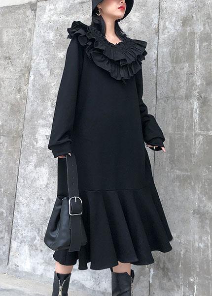Tiered Ruffle Collar Long Sleeve Ribbed Cuff Flounce Hem Midi Dress - View 3