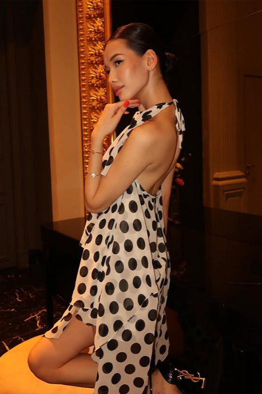 Polka Dot Chiffon Halter-Neck Asymmetric Midi Dress