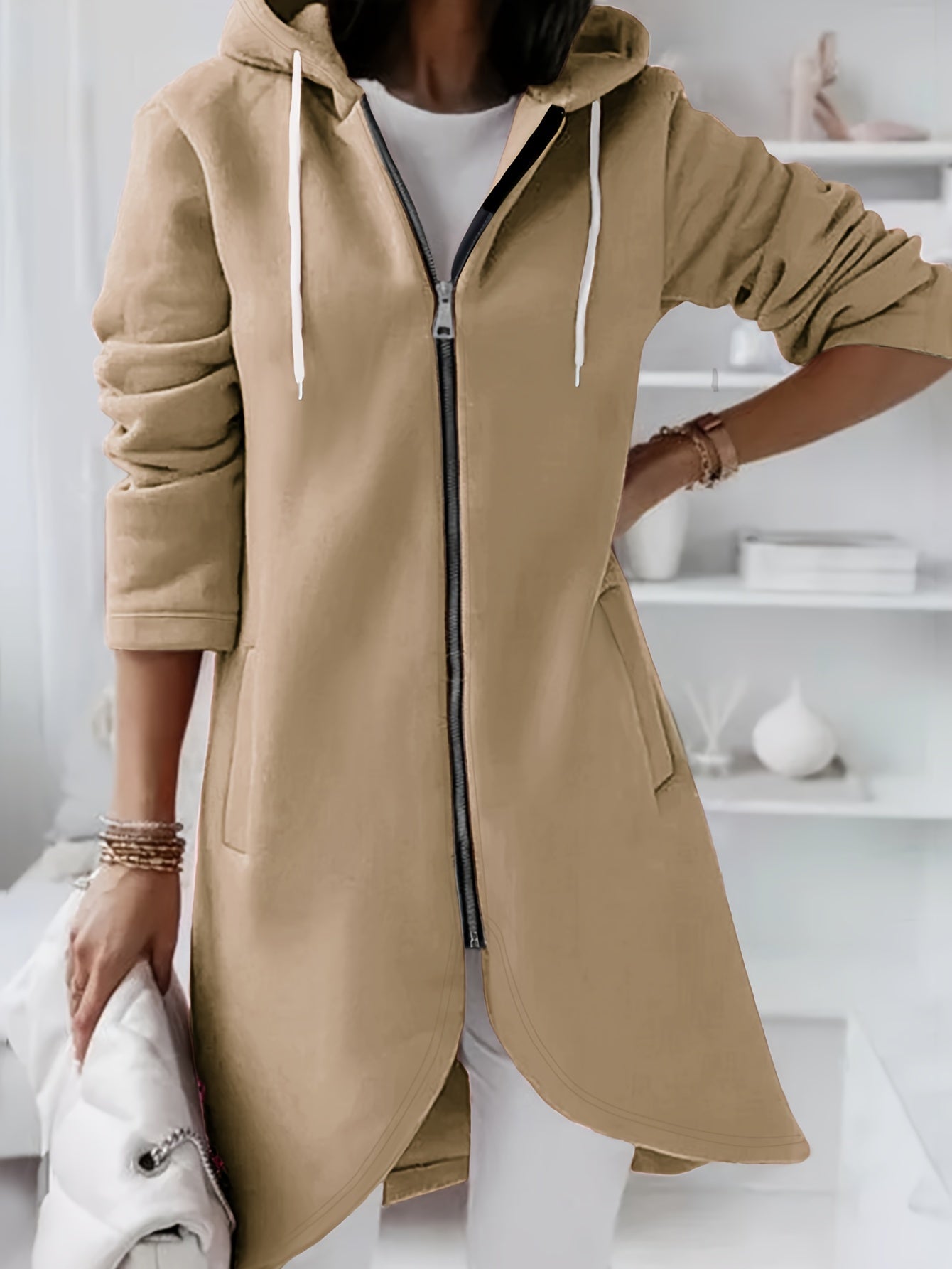 Solid Zipper Drawstring Midi Hooded Jacket for Versatile Style