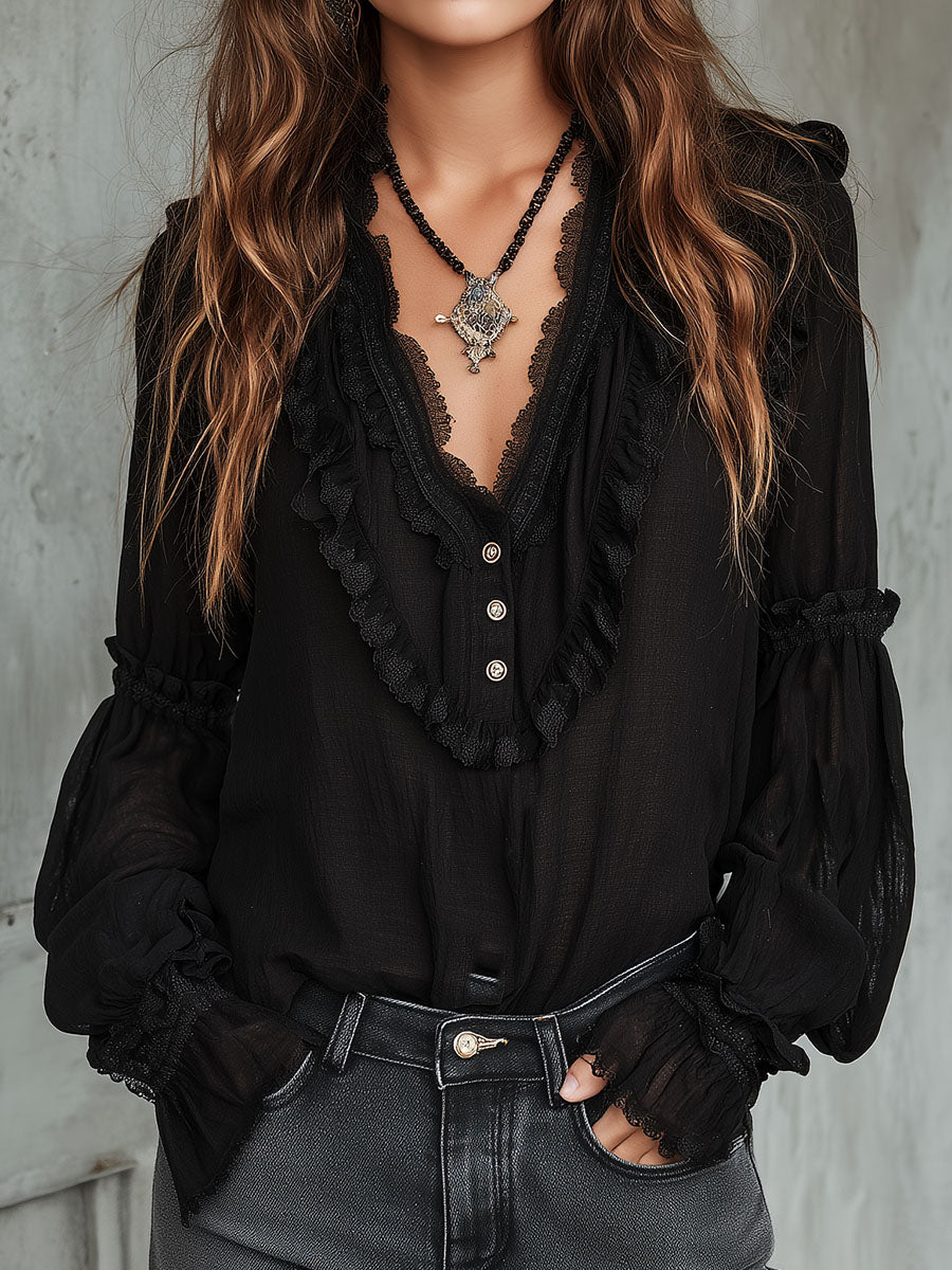 Vintage Black Ruffle Long Sleeve Blouse With Lace Trim - Fashionpara