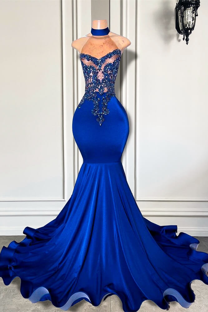 Gorgeous Royal Blue High Neck Sleeveless Mermaid Prom Dresses with Beads - Fashionpara