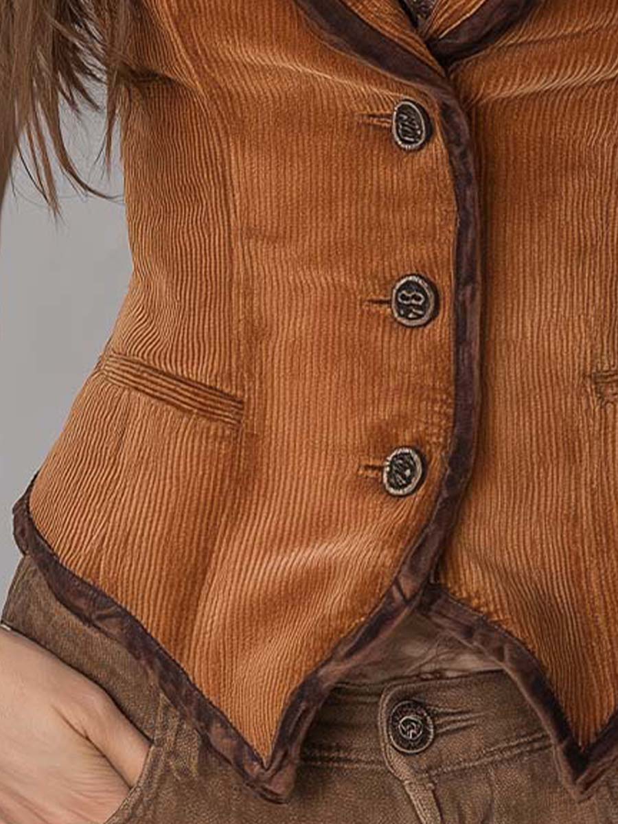 Retro Bohemian Contrast Piping Corduroy Slim Vest - Fashionpara