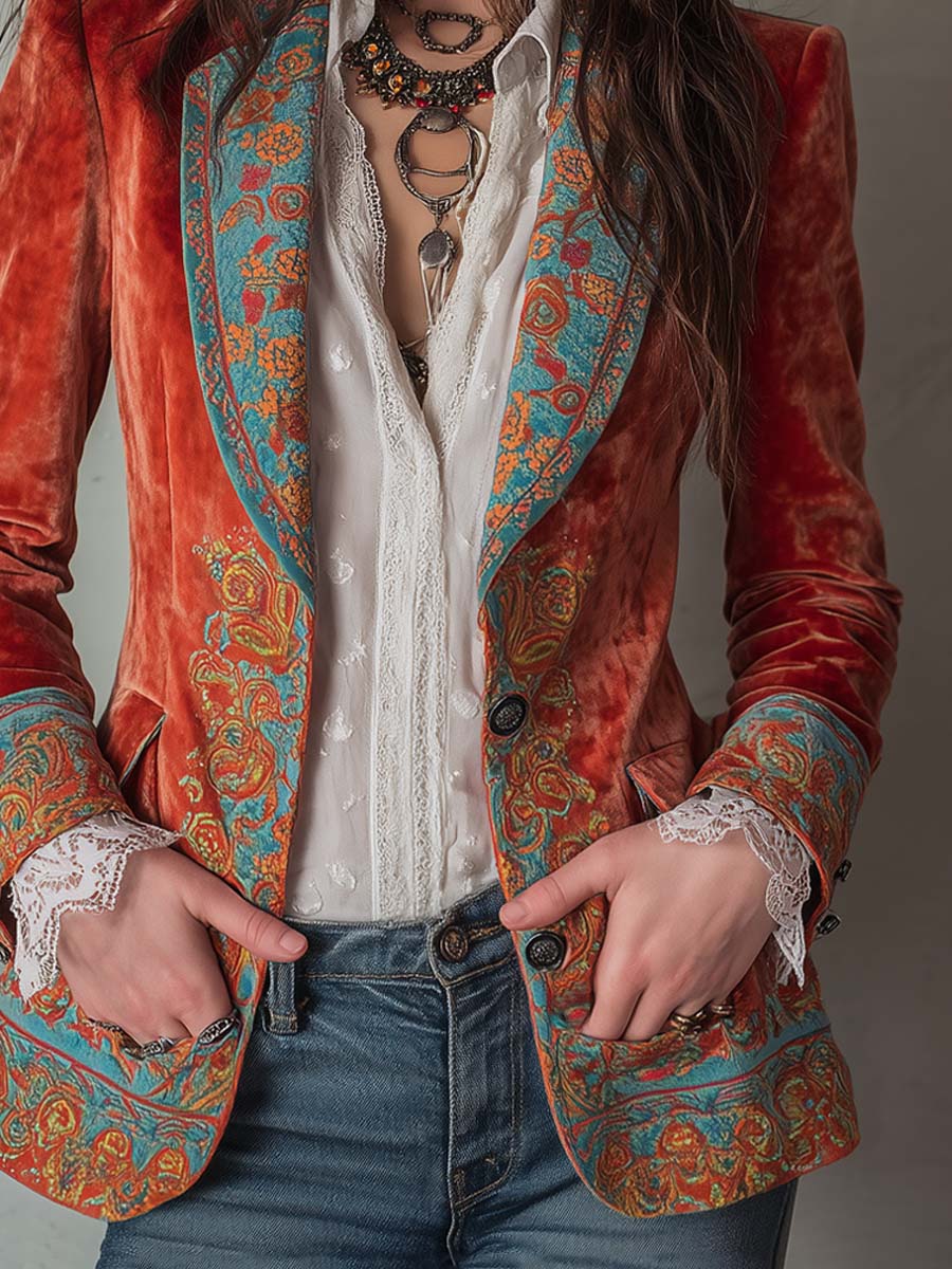 Paisley Print Notch Lapel Single Button Velvet Blazer 4