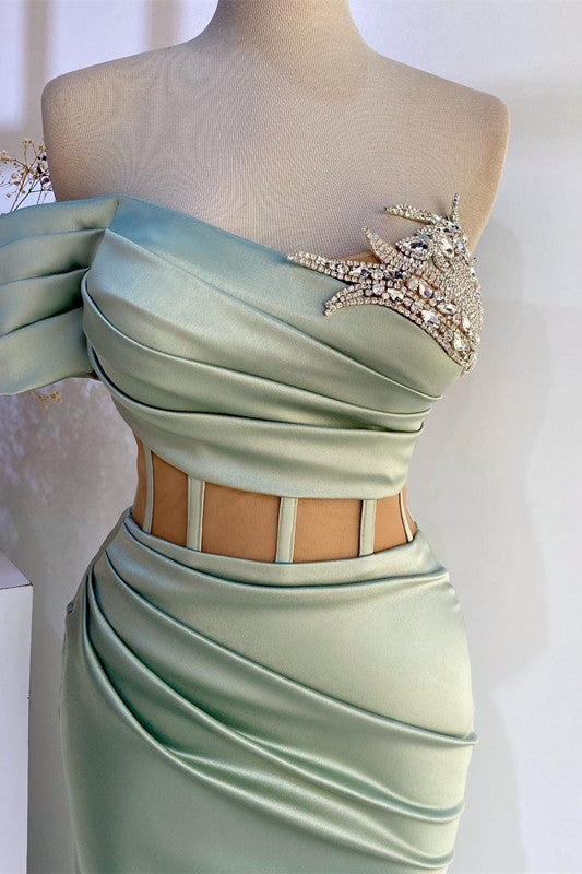 Elegant Dusty Sage Off-the-Shoulder Long Mermaid Prom Dresses with Beads - Fashionpara