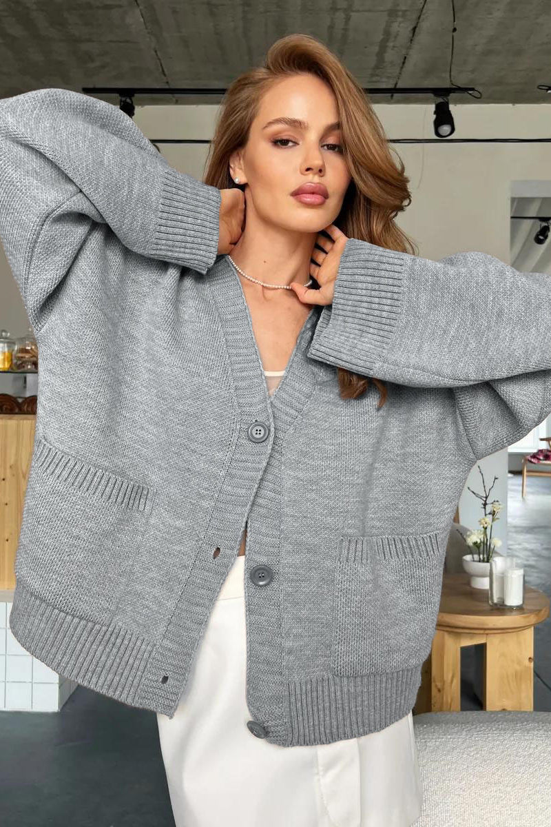 Loose Fit V-Neck Knit Cardigan with Pocket Detail