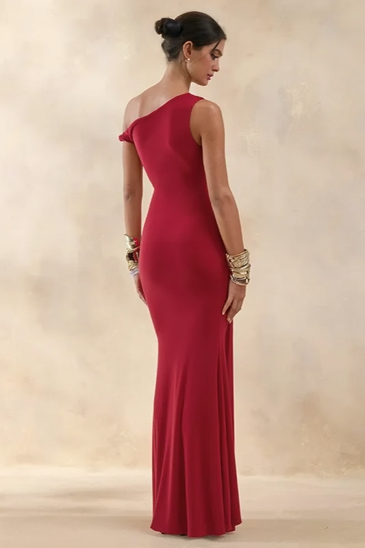 One Shoulder Ruched Waist Fishtail Gown 7
