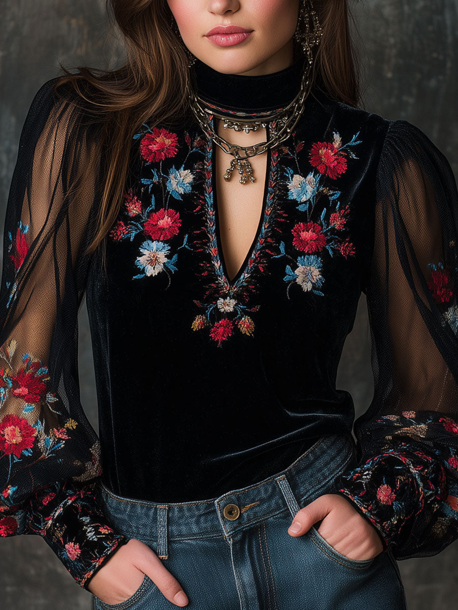 Retro Velvet Embroidered Mesh Stitching Blouse - Fashionpara