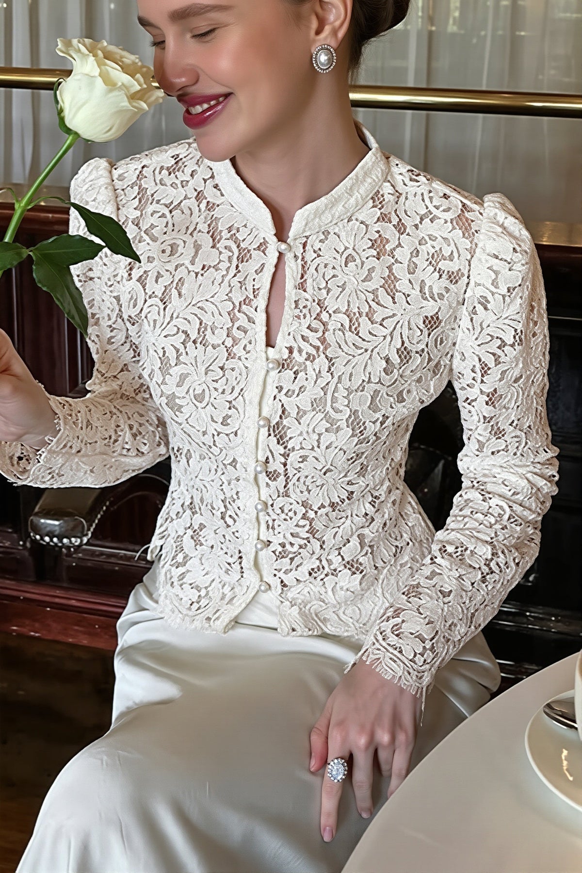 Lace Stand Collar Split Hem Blouse