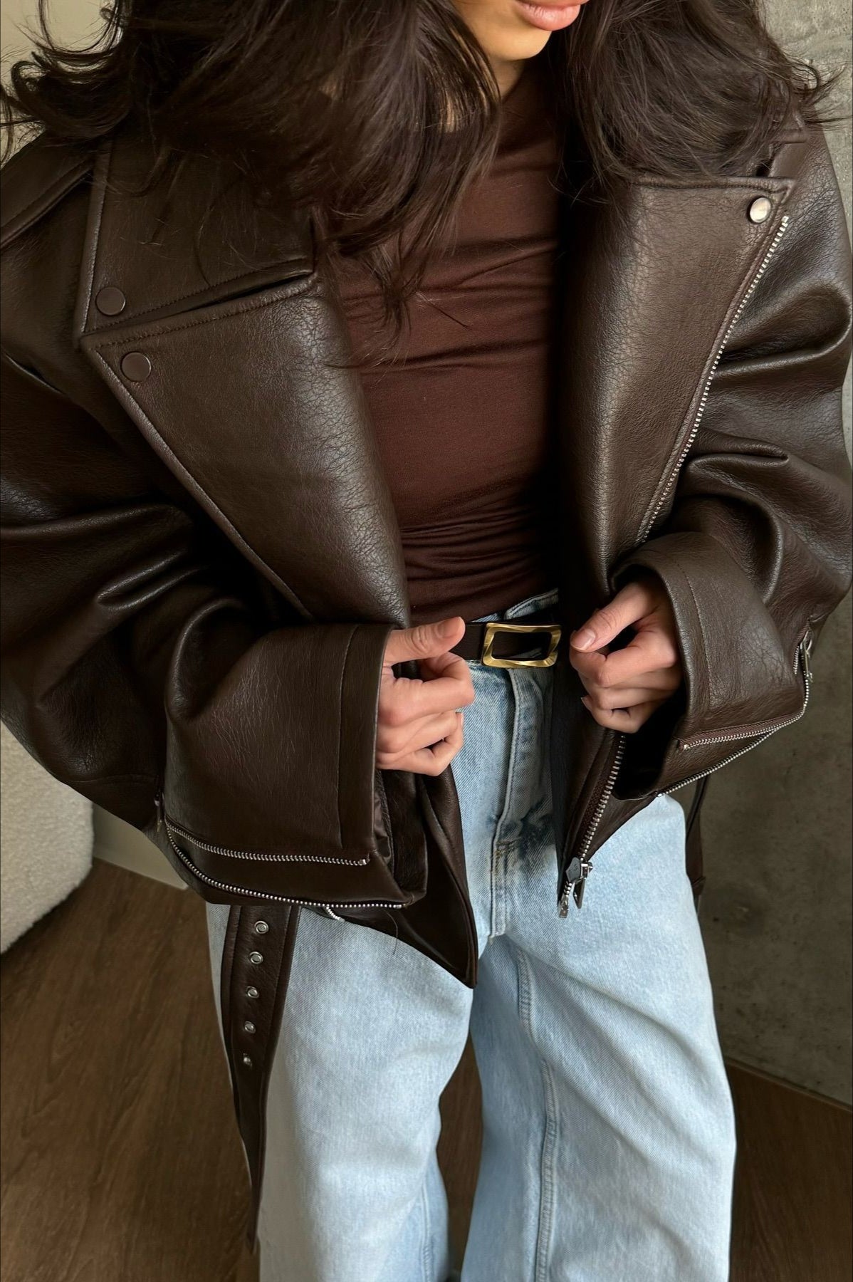 Elegant Retro Belted Biker Leather Jacket
