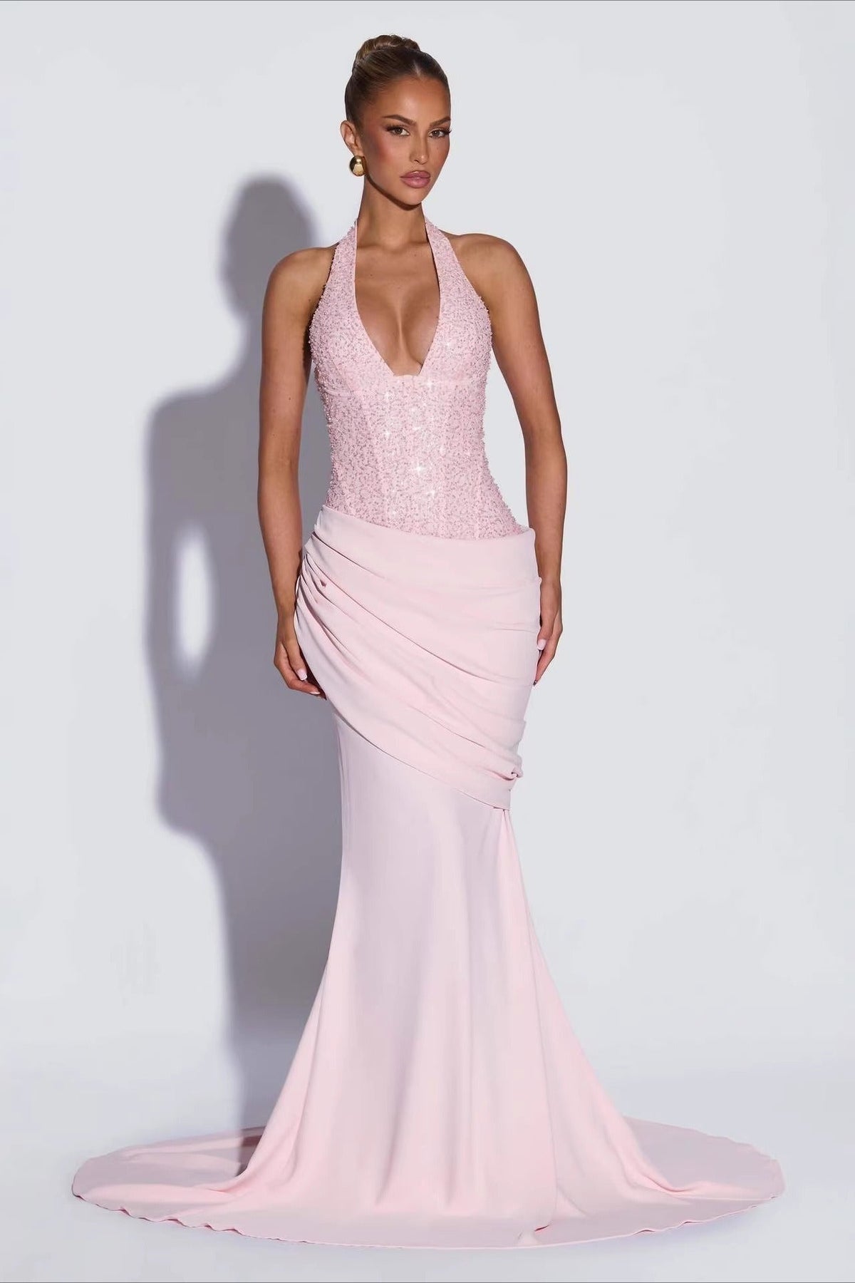 Halter-Neck Ruched Bodycon Sequin Maxi Dress